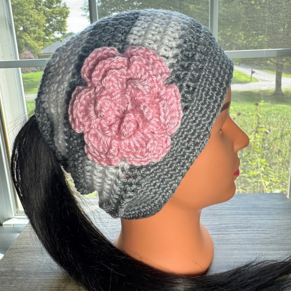 Grey and White Ponytail Beanie with Pink Flower - Handmade One of a Kind